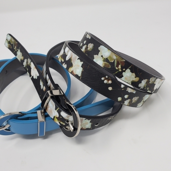 KENNETH COLE REACTION SET OF 2 SKINNY BELTS PEACOCK BLUE BLACK FLORAL WOMEN M - Picture 2 of 15